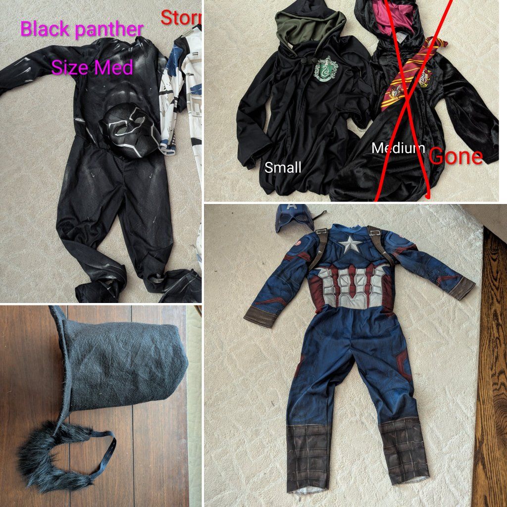 Kids Costumes - $5 each: Black Panther, Captain America, Slytherin Cloak and Abe Lincoln 