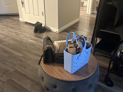 Round Storage Ottoman Coffee Table – Gray Velvet with Wood Top