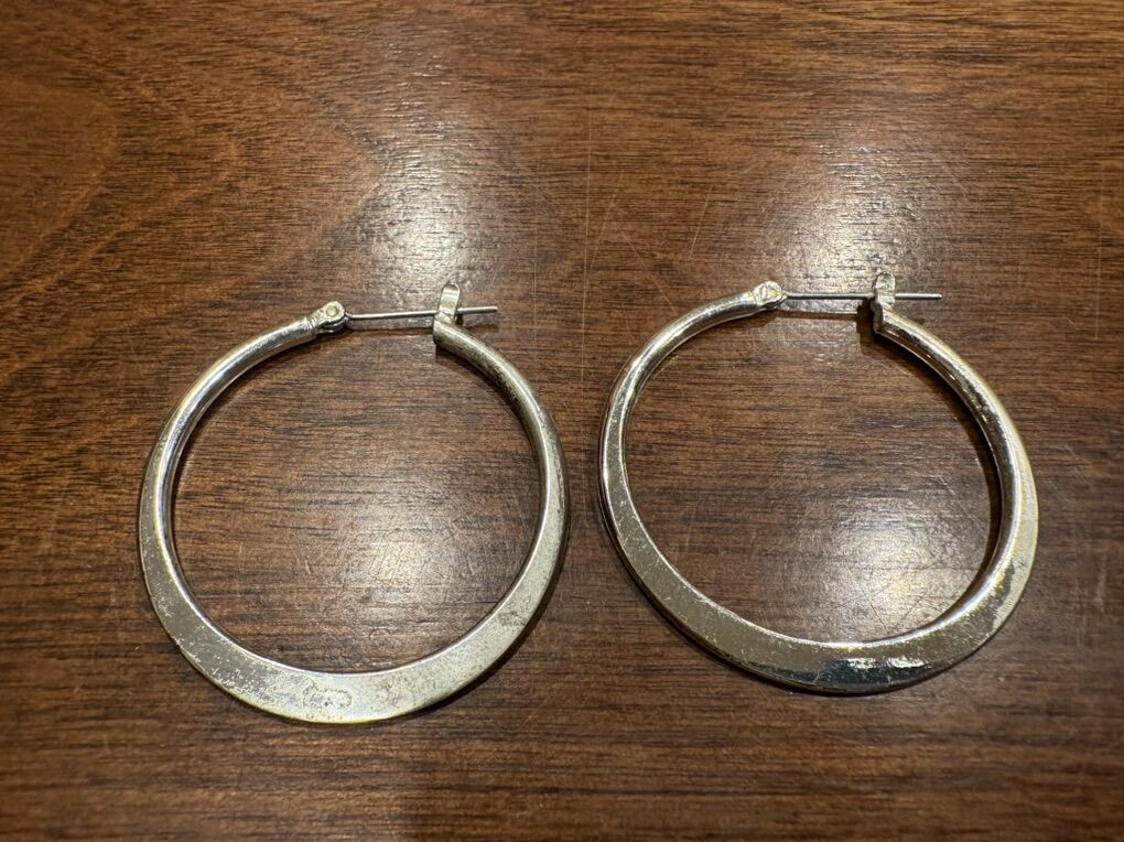 Pair Of Flat Silver Tone Hoop Earrings
