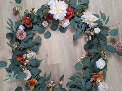 Wedding Lot: Artificial Flowers, Garland, Wooden Arch, Draping Fabric, Lace Tablecloths, etc