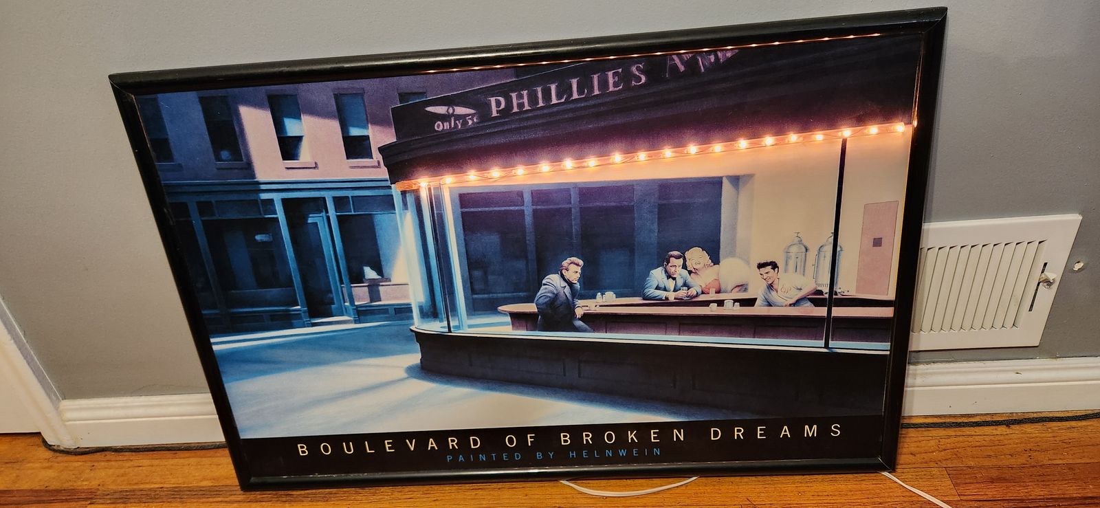 LED Lighted Framed Wall Art Picture EDWARD HOPPER "NIGHTHAWKS" LARGE COLOR POSTER 