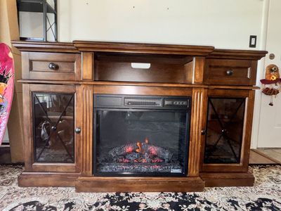 Wooden TV Stand Media Console with Electric Fireplace and Storage