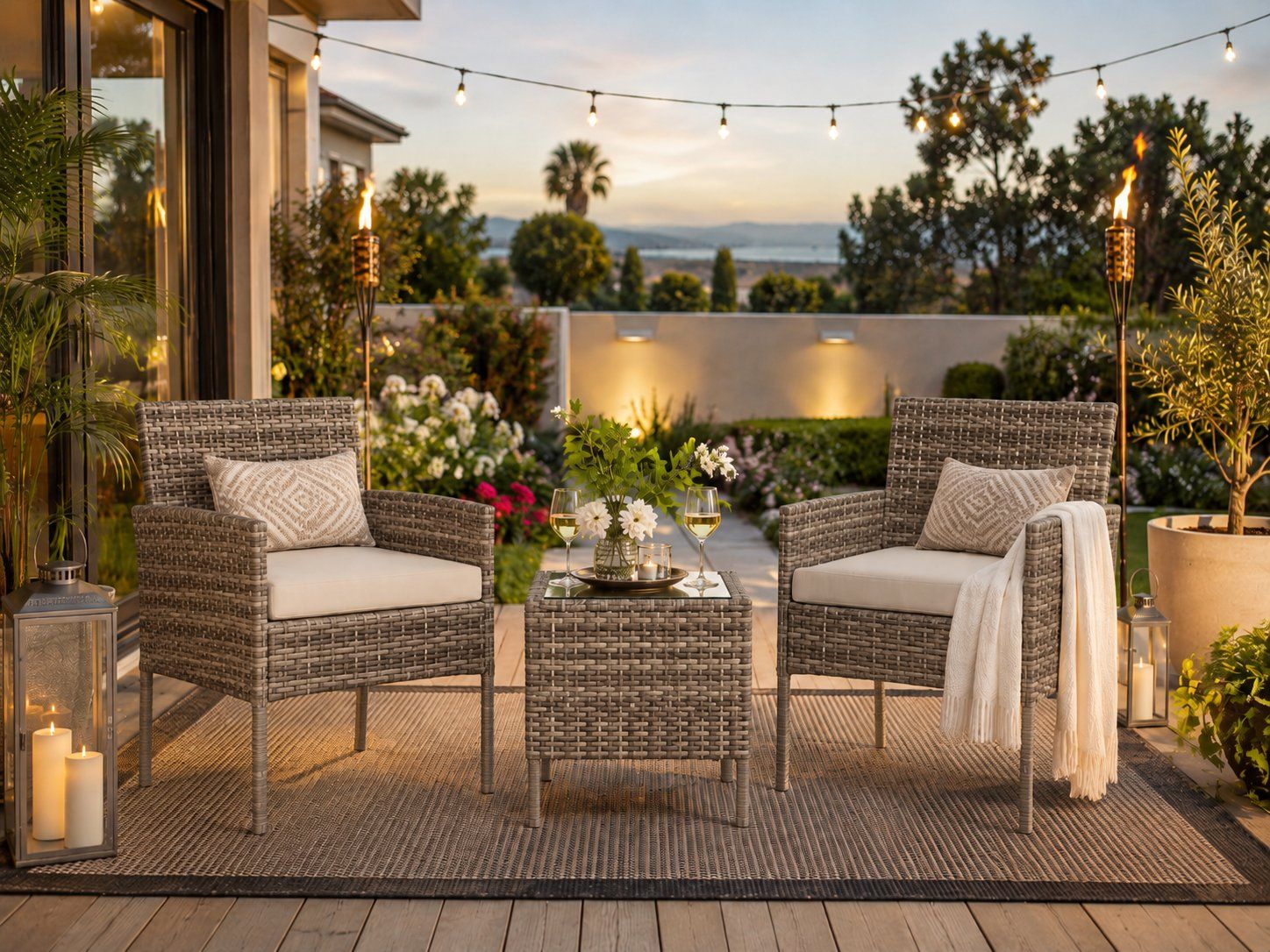 3-PIECE GRAY/BEIGE WICKER PATIO SET – 2 CHAIRS & GLASS-TOP TABLE