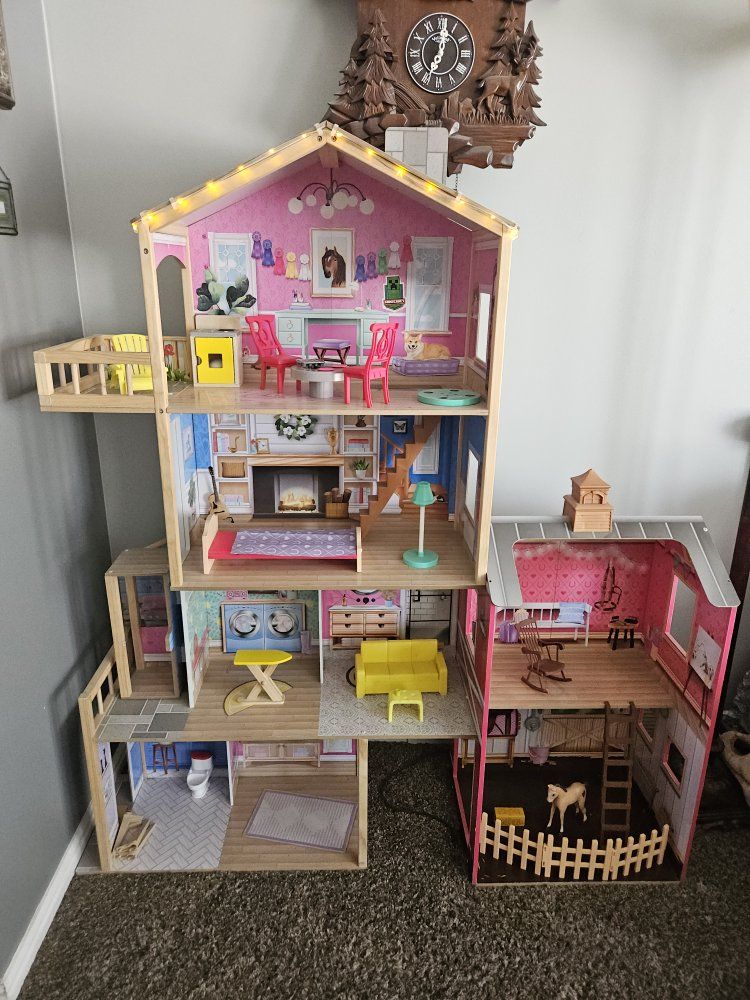 KidKraft Grand View Mansion Dollhouse & Horse Stable Playset with Furniture & Lights