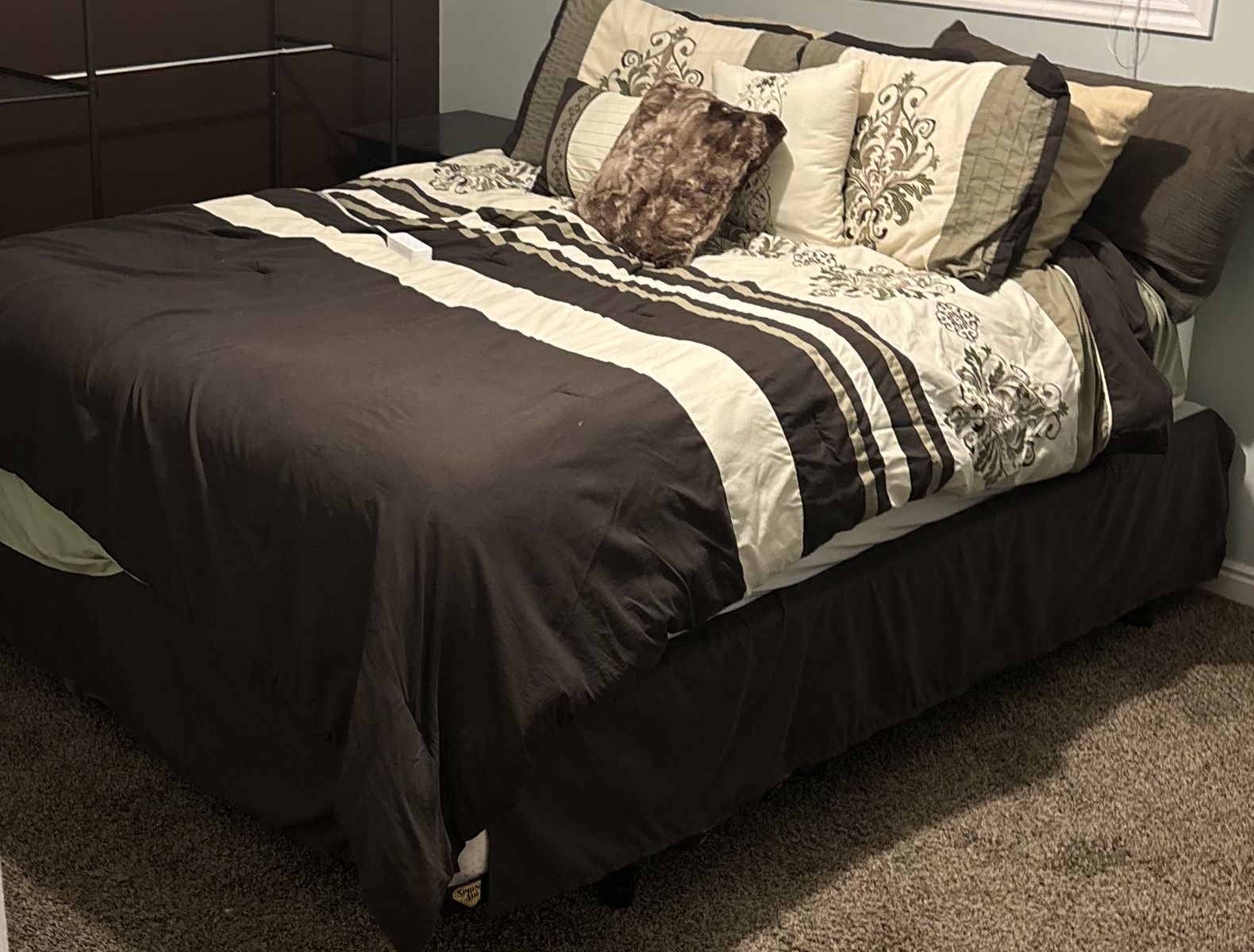 Queen Bed Wood Frame, Mattress and Box Spring