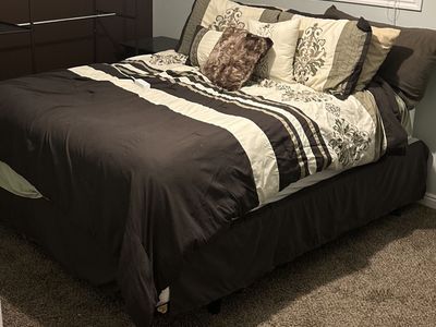 Queen Bed Wood Frame, Mattress and Box Spring