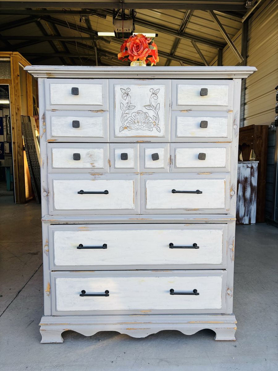 Shabby Chic Distressed White & Grey Tall Dresser Chest of Drawers with Carved Detail