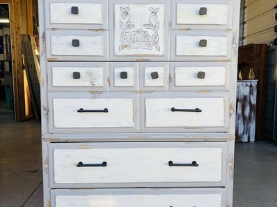 Shabby Chic Distressed White & Grey Tall Dresser Chest of Drawers with Carved Detail