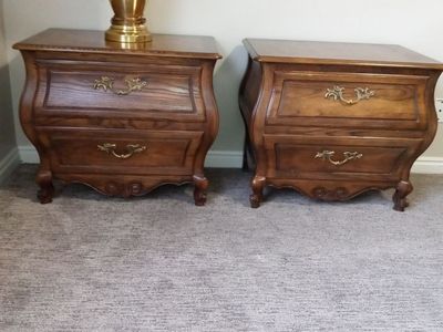 Baker Furniture French Provincial Bombé Nightstands Pair, Wood with Brass Pulls