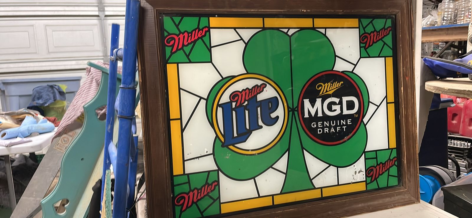 Vintage Miller Lite & MGD Genuine Draft Stained Glass Style Framed Bar Sign