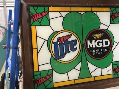 Vintage Miller Lite & MGD Genuine Draft Stained Glass Style Framed Bar Sign