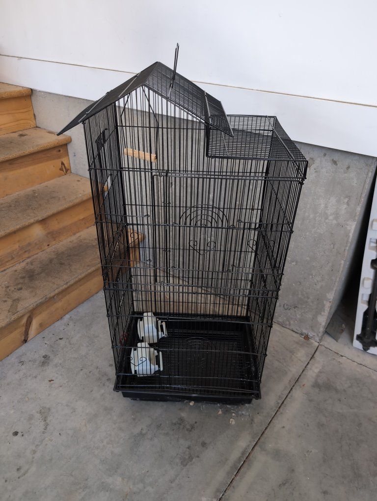 Large Black Metal Bird Cage with Removable Tray & Perch - Used, Good Condition