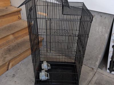 Large Black Metal Bird Cage with Removable Tray & Perch - Used, Good Condition