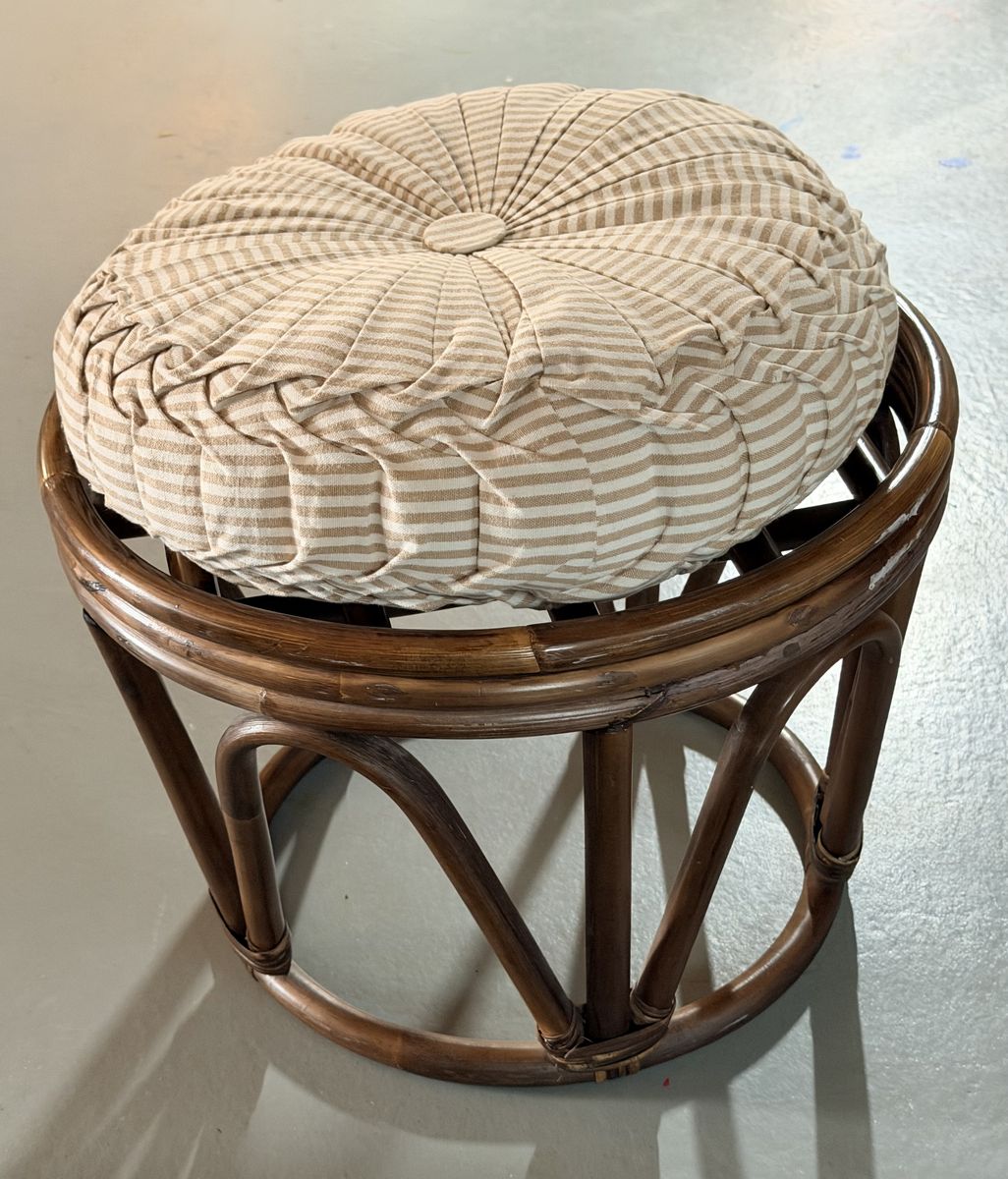 Vintage Bentwood Rattan and Bamboo Round Stool with pleated beige and white striped tufted cushion.
