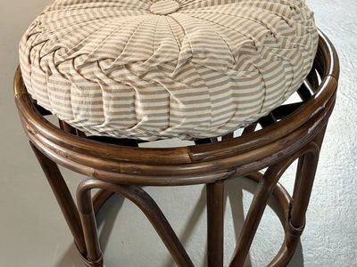 Vintage Bentwood Rattan and Bamboo Round Stool with pleated beige and white striped tufted cushion.