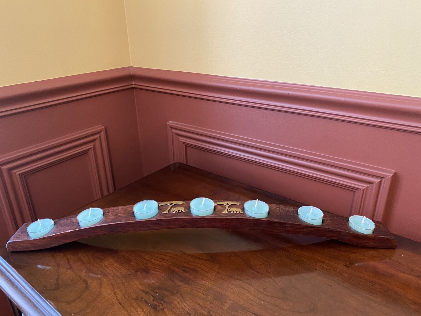 Gorgeous Lightweight Wood Arch w/ Brass Inlay Trees and Elephants Candle Holder - Oak Barrel- C PIX