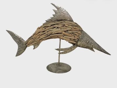 Large Vintage Driftwood & Metal Fish Marlin Sculpture