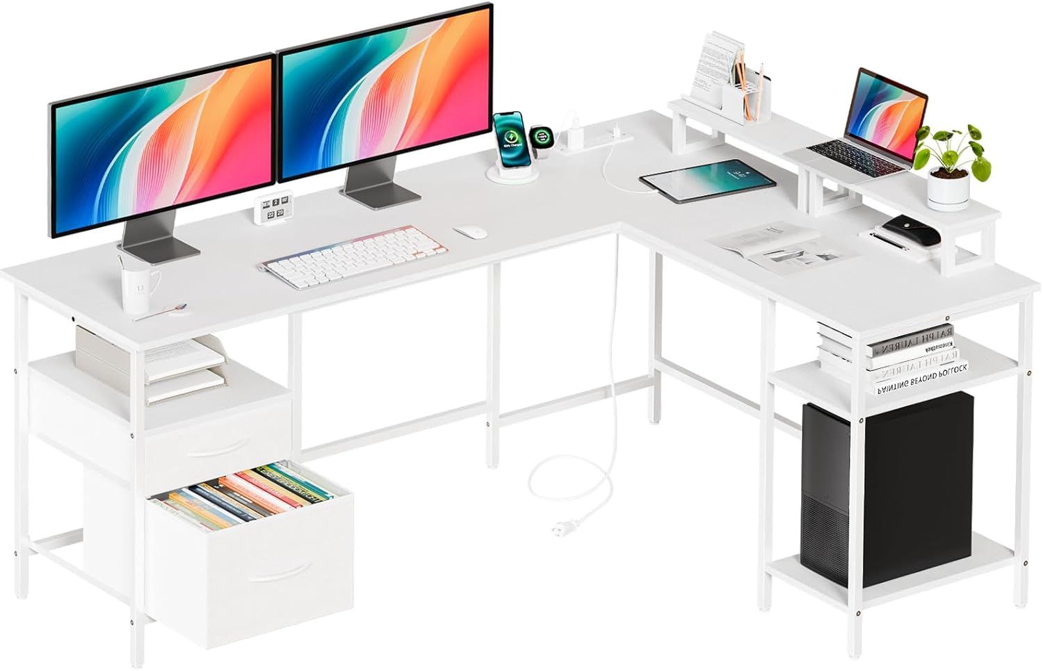 65" L Shaped Gaming Desk - Power Outlet - 2 Monitor Stands - White