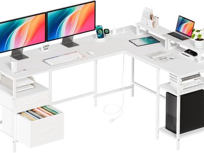 65" L Shaped Gaming Desk - Power Outlet - 2 Monitor Stands - White