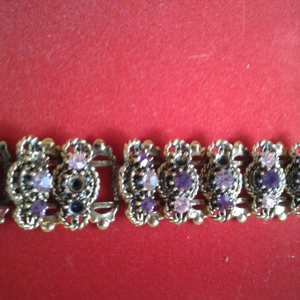 Vintage Gold Toned Wide Panel Bracelet Pink Purple