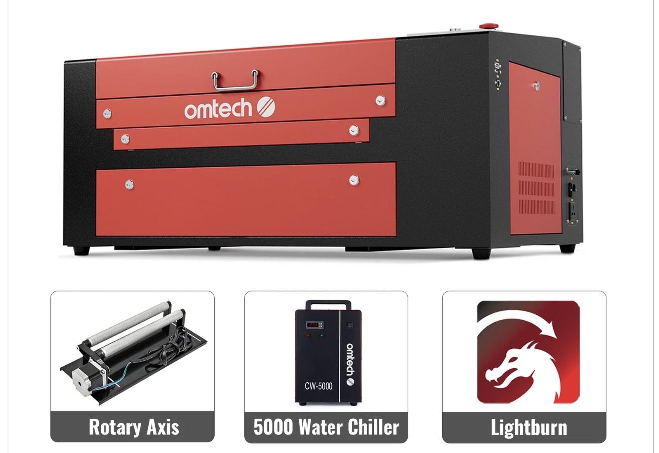 OMTech 50W CO2 Laser Engraver Cutter 12x20 with CW-5000 Water Chiller & Rotary Attachment