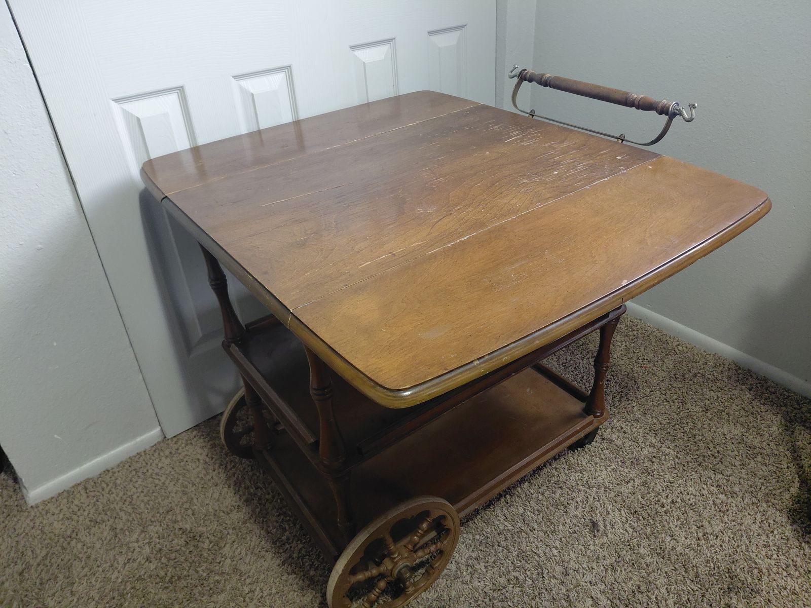 Vintage Wooden Drop-Leaf Tea Cart / Bar Cart – Rolling Serving Trolley