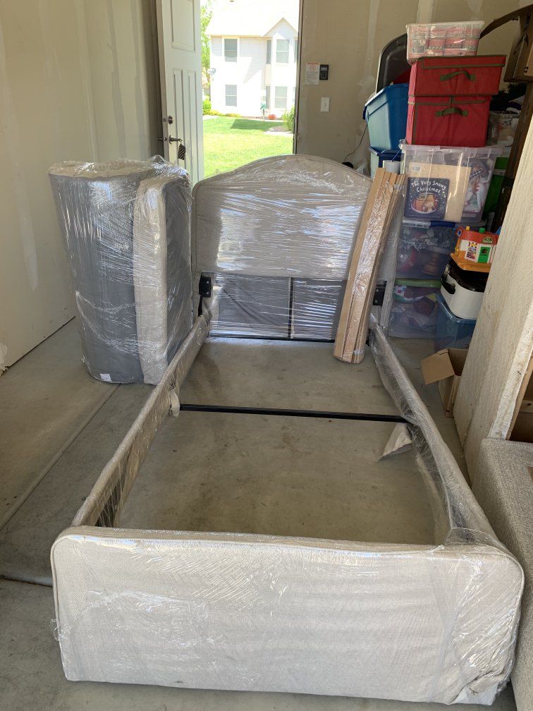 Twin Size  Bed Frame with Headboard and mattress Tan Fabric, never used