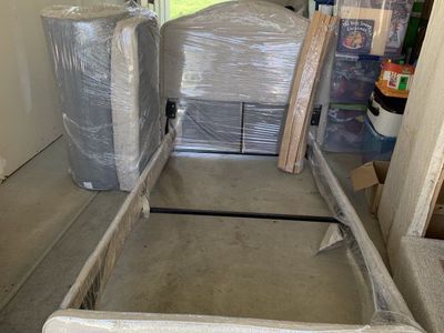 Twin Size Bed Frame with Headboard and mattress Tan Fabric, never used