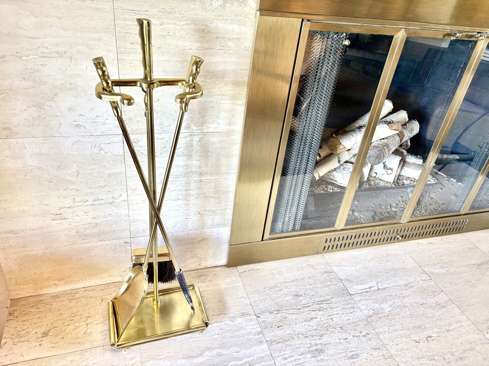 Fantastic Vintage Mid Century Modern 1960’s Solid Brass Chimney Fireplace Toolset tools irons MCM