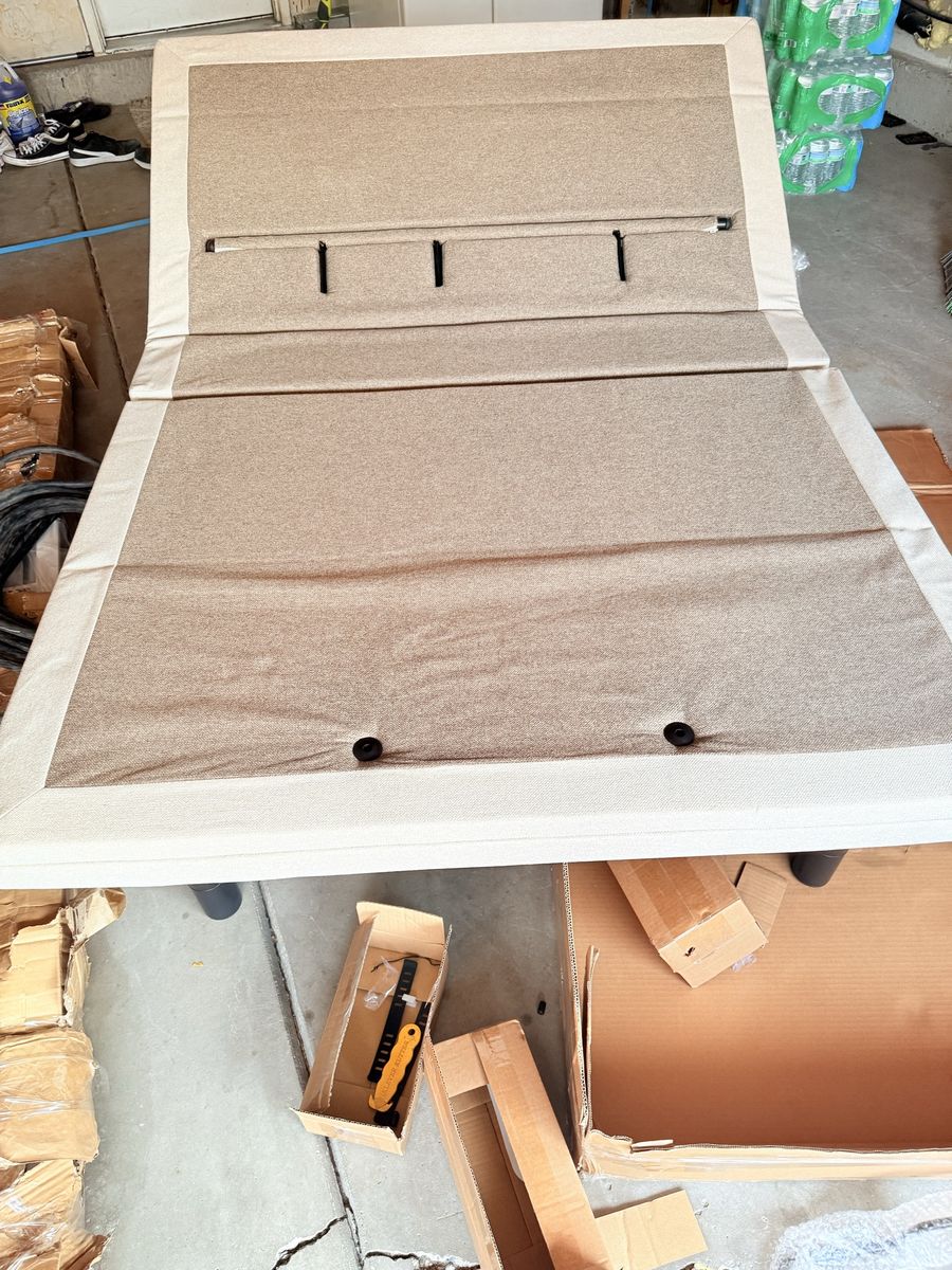 Adjustable Bed Frame Base with Tan Upholstered Finish brand new 