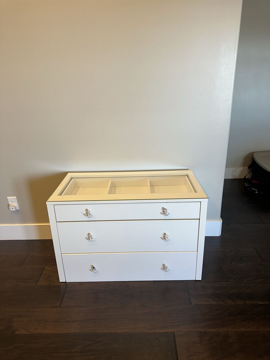 White Wood Dresser with Glass Top and Storage - Excellent Condition