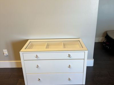 White Wood Dresser with Glass Top and Storage - Excellent Condition