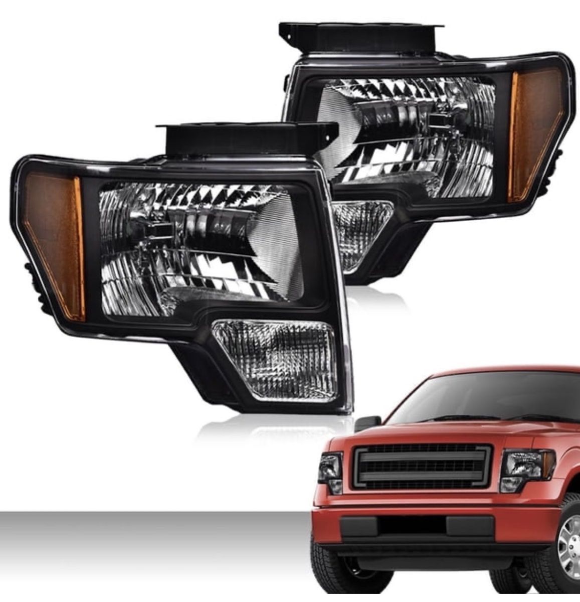 Pair of New Headlight Assemblies for 2009-2014 Ford F-150 - Black Housing, Amber Reflector