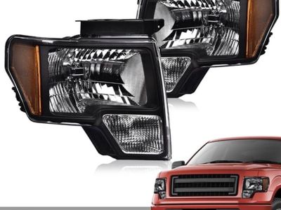 Pair of New Headlight Assemblies for 2009-2014 Ford F-150 - Black Housing, Amber Reflector