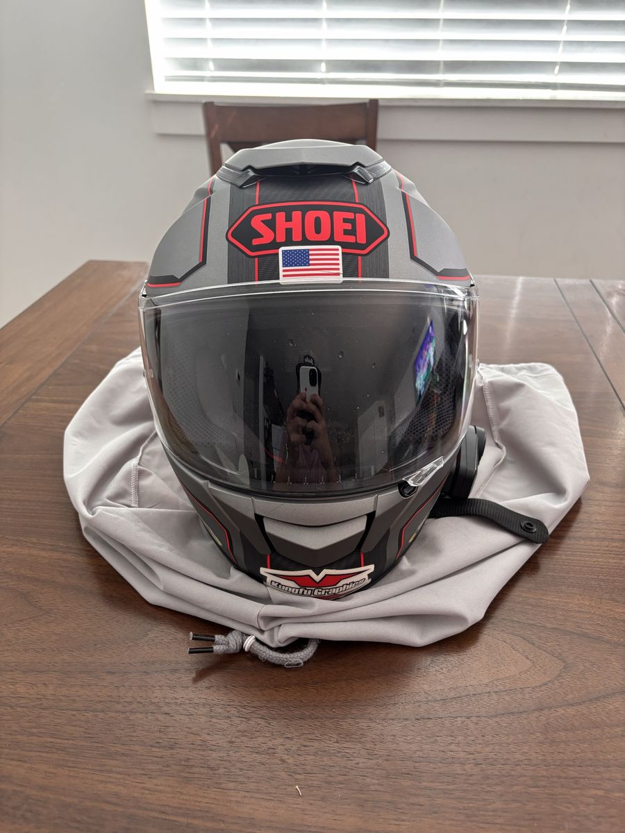Shoei M GT-Air Motorcycle Helmet with Integrated Sun Visor, Fodsports FX6, and Storage Bag