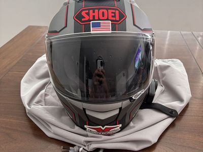 Shoei M GT-Air Motorcycle Helmet with Integrated Sun Visor, Fodsports FX6, and Storage Bag