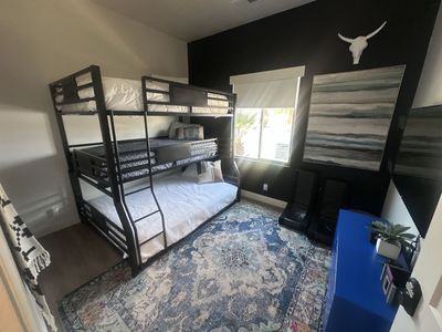 Black Metal Triple Bunk Bed - Queen & 2 Twins XL Mattresses Included - Available August 6-9