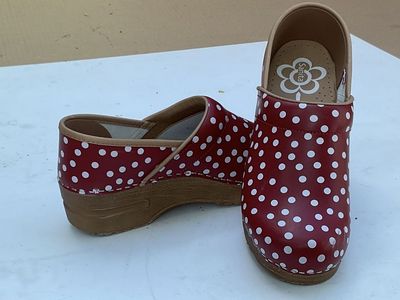 Red and white polkadot clogs
