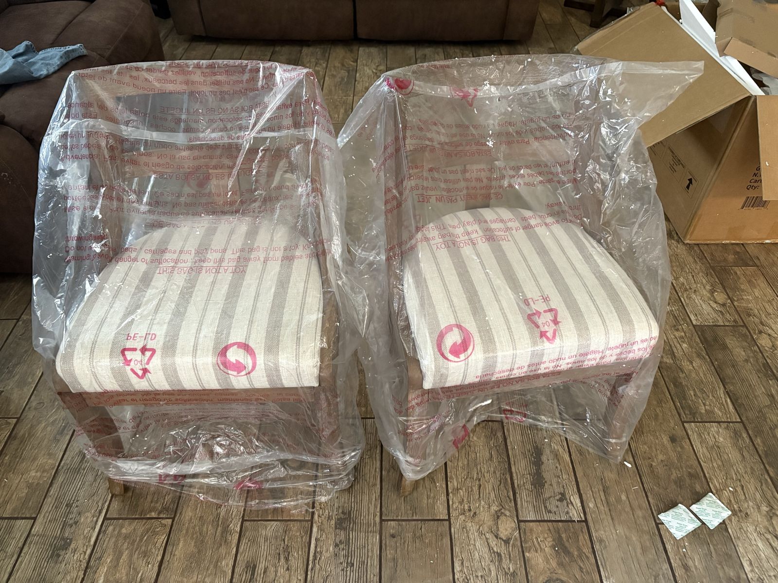 Pair of Wooden Dining Chairs with Striped Cushioned Seats