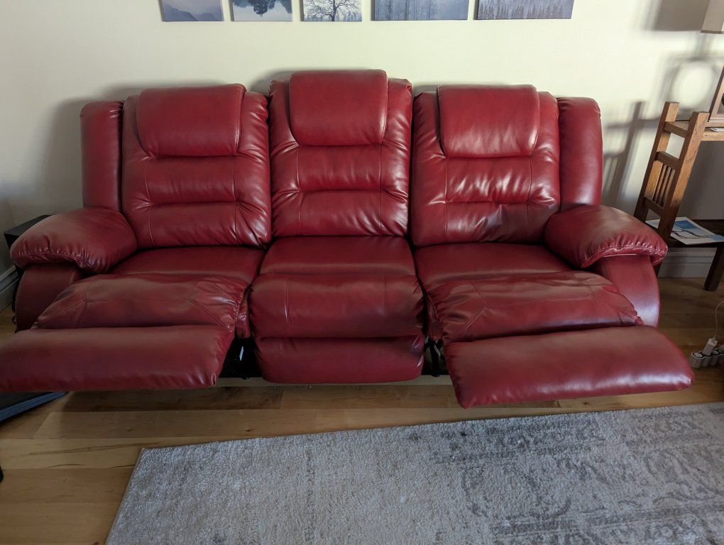 Red Leather Reclining Sofa Couch - Used, Comfortable