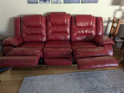 Red Leather Reclining Sofa Couch - Used, Comfortable