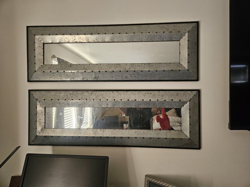 2 Industrial Galvanized Metal Framed Wall Mirrors - Modern Decor Set