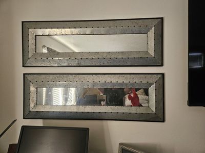 2 Industrial Galvanized Metal Framed Wall Mirrors - Modern Decor Set