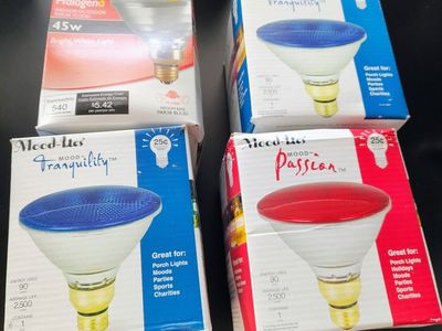 6 large halogen porch lights 2 blue 1 red 3 regular