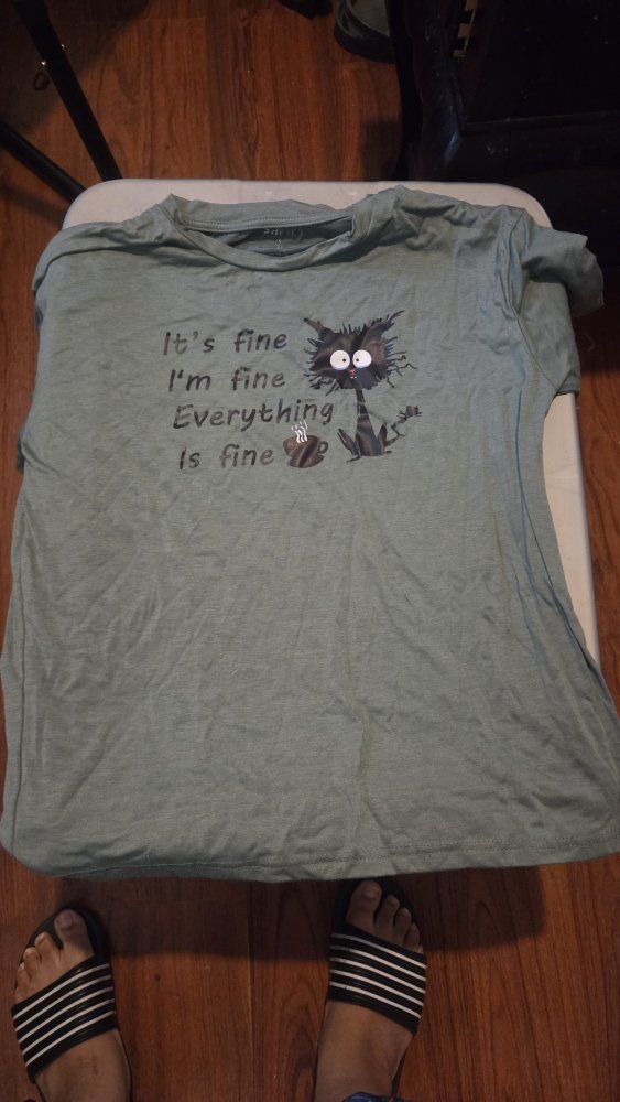 Shein Green Cat Graphic Tee - "It's fine I'm fine Everything is fine" - Size Small