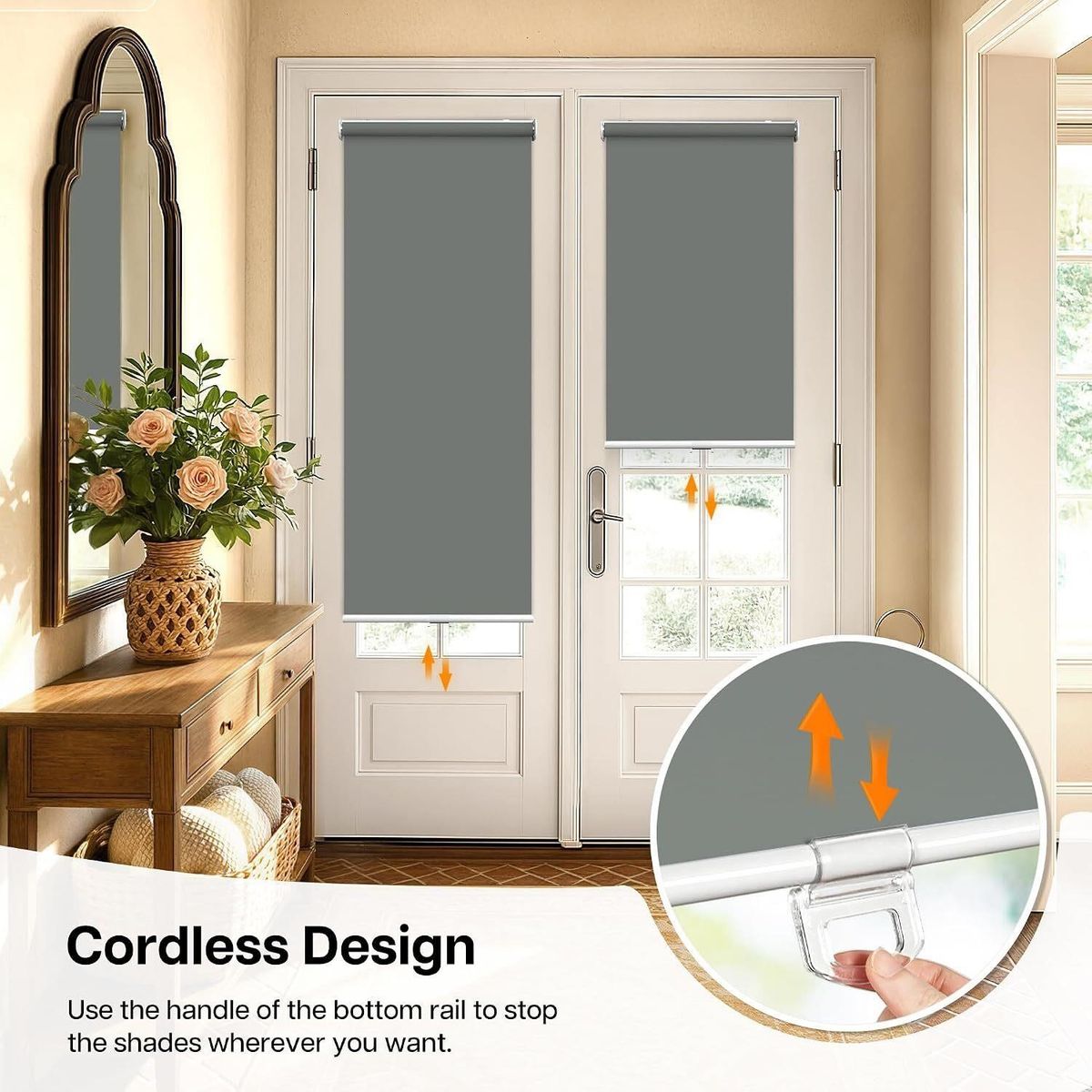 LASBLIND Cordless Blackout Roller Shade for Doors - GREY- Self-Adhesive No DrillL