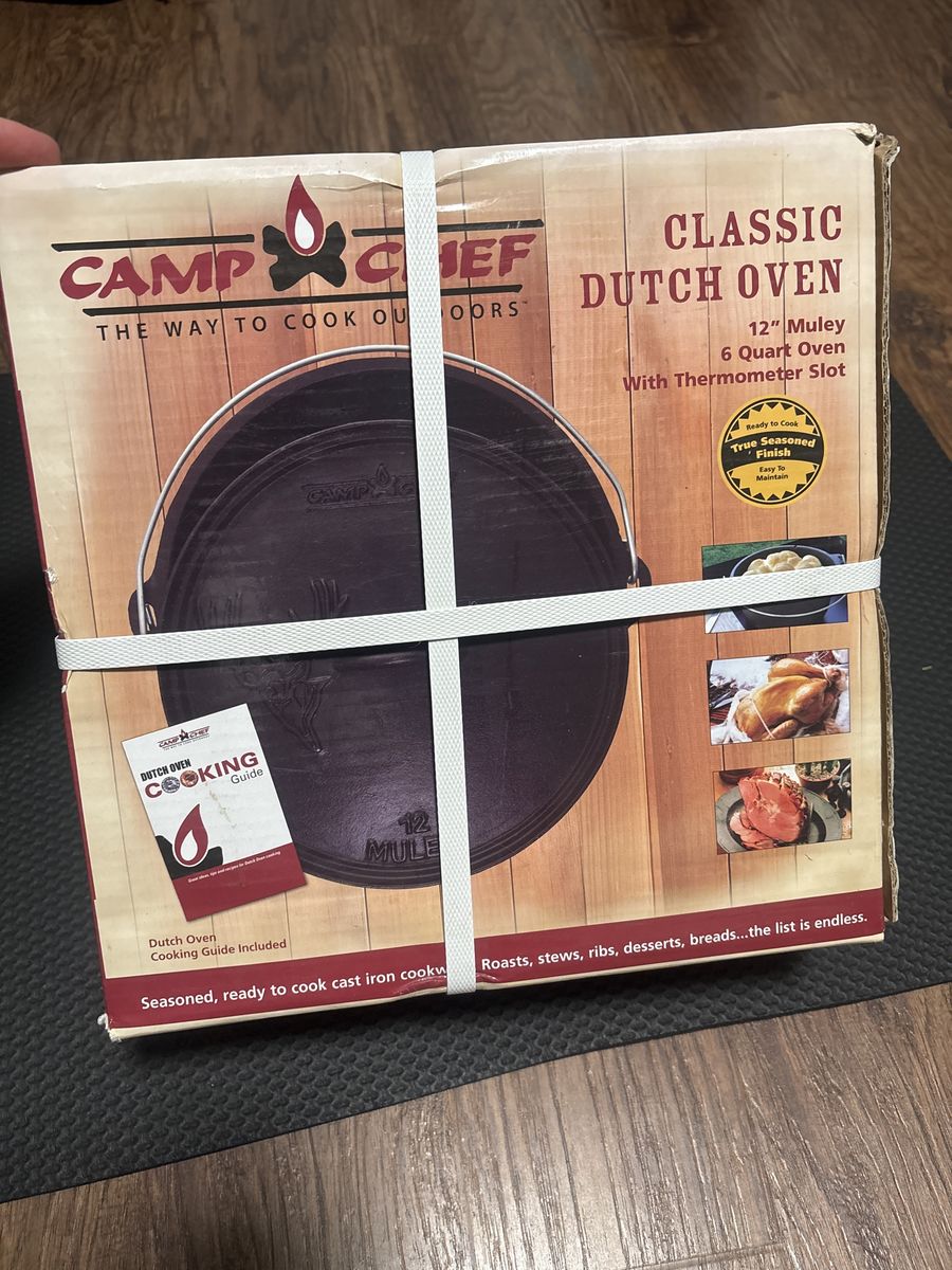 Camp Chef 12" Muley Classic 6-Quart Cast Iron Dutch Oven with Thermometer Slot, New