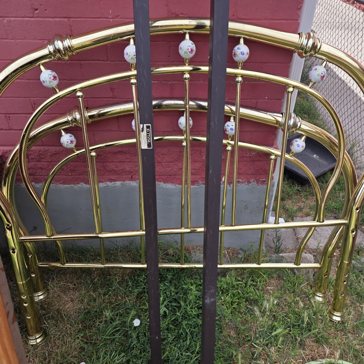 Vintage Brass & Ceramic Full Size Headboard - Ornate Floral Accents