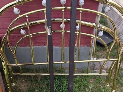 Vintage Brass & Ceramic Full Size Headboard - Ornate Floral Accents