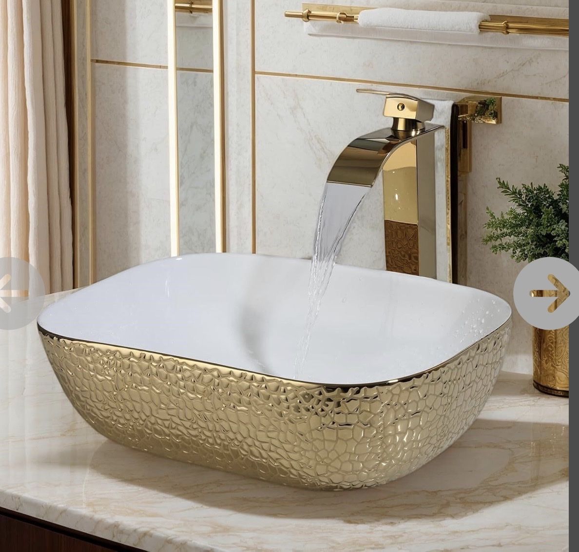 New. With Faucet Combo! Modern Gold Textured Ceramic Vessel Bathroom Sink Rectangular Vessel Basin
